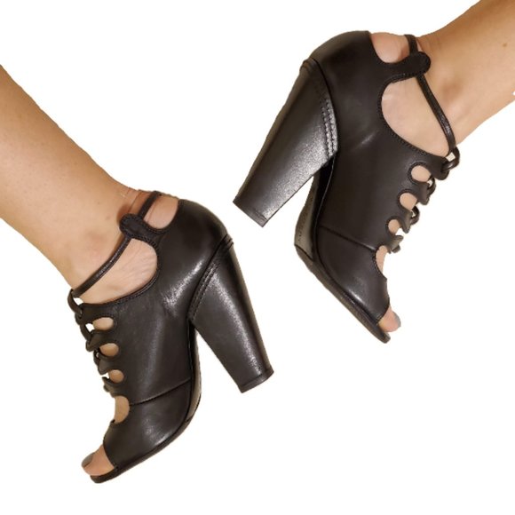 Givenchy Black Leather Peep Toe Lace Up Booties Boots Heels - Picture 2 of 8